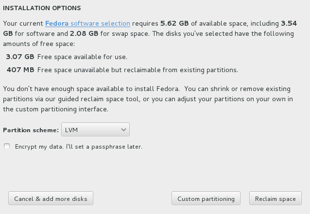 Installation Options dialog - insufficient space