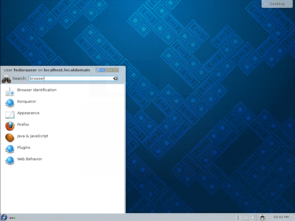 Searching with the KDE menu.